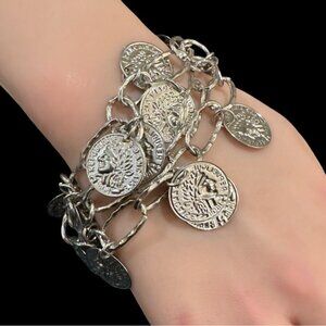 Silver-Tone Roman Coin Medallion Charm Bracelet With Toggle Closure